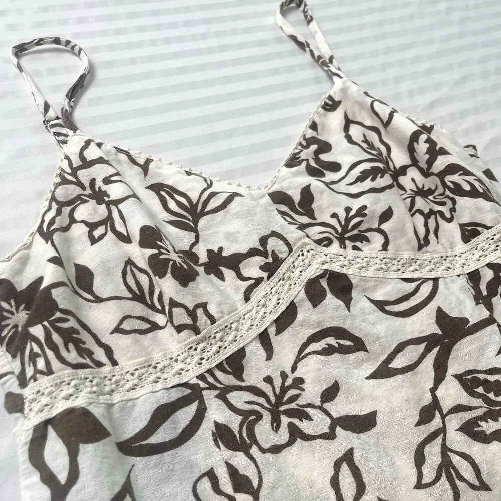 Bass Floral Linen Blend Cami Tank Top Brown Cream Boho Cottagecore Medium - Picture 2 of 10